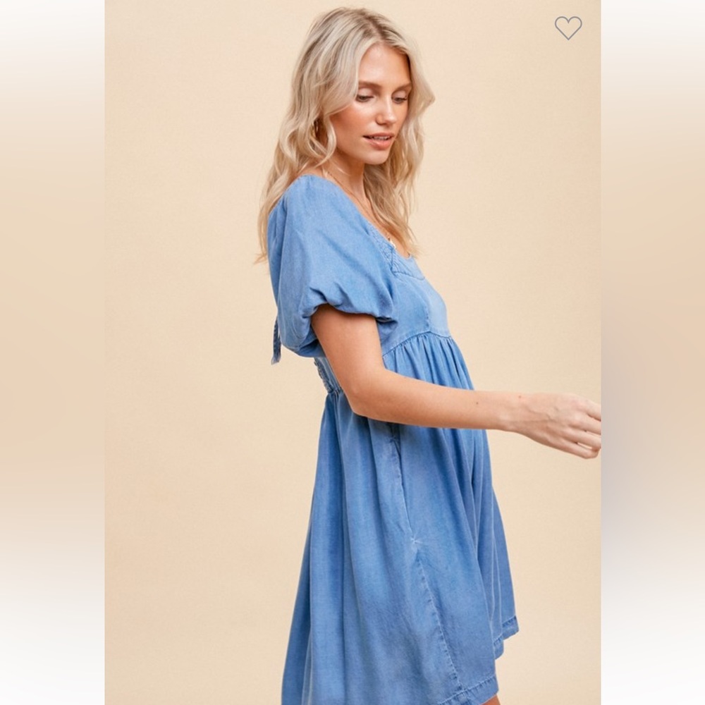 🆕Denim Blue Dress Babydoll Puff Sleeve Soft Tencel - Picture 3 of 6
